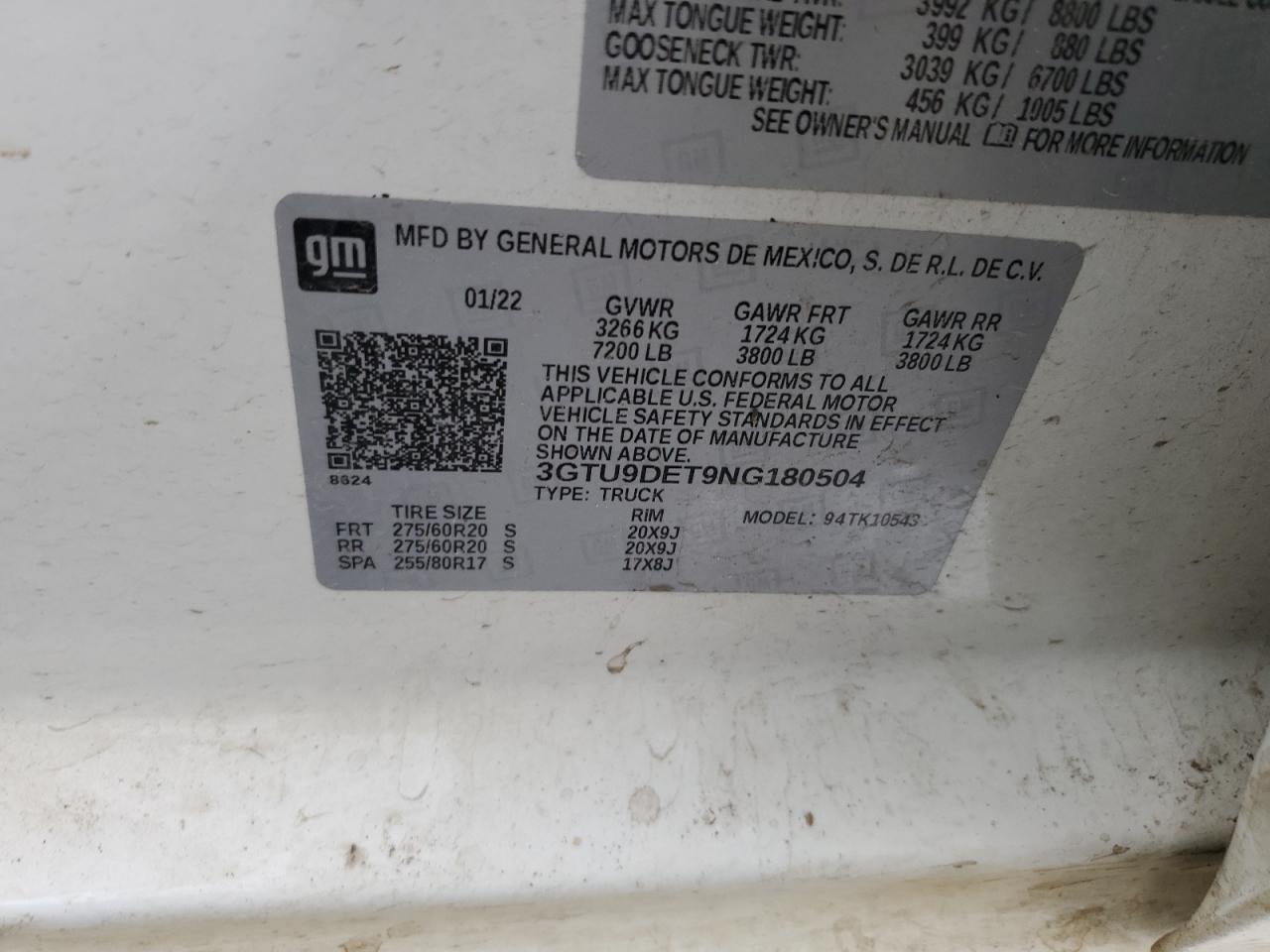 2022 GMC SIERRA LIMITED K1500 SLT VIN:3GTU9DET9NG180504