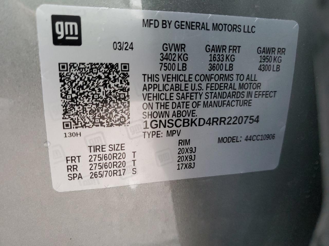 2024 CHEVROLET SUBURBAN C1500 LS VIN:1GNSCBKD4RR220754