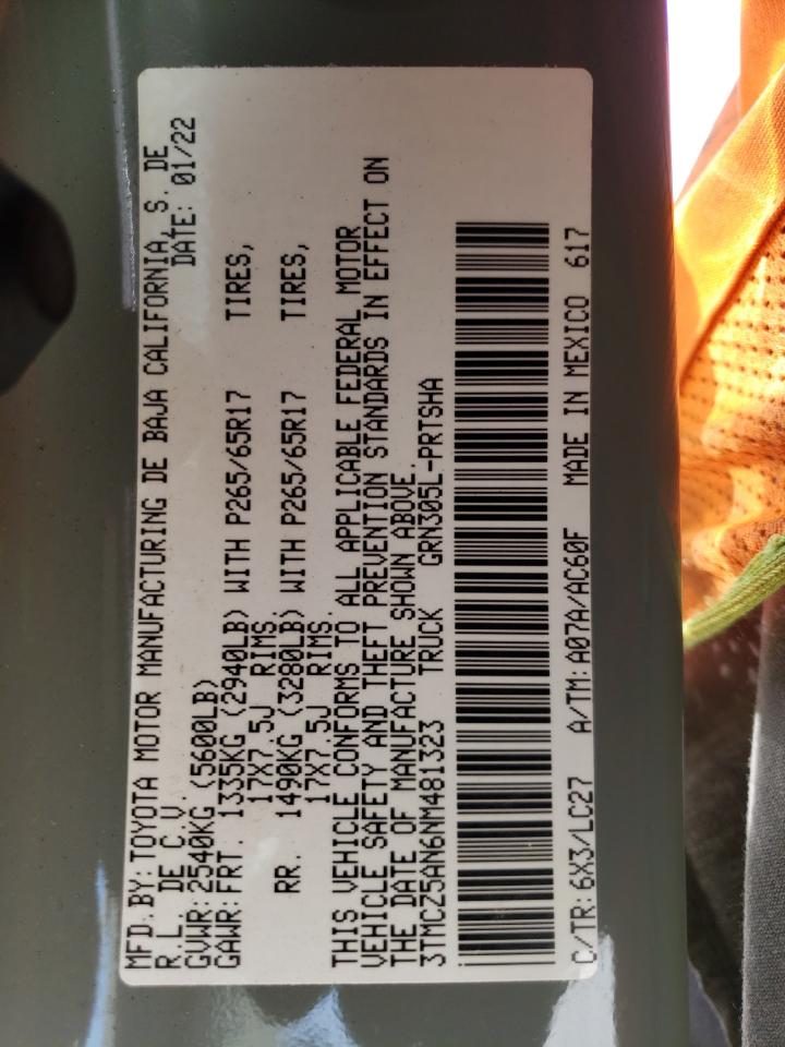 2022 TOYOTA TACOMA DOUBLE CAB VIN:3TMCZ5AN6NM481323