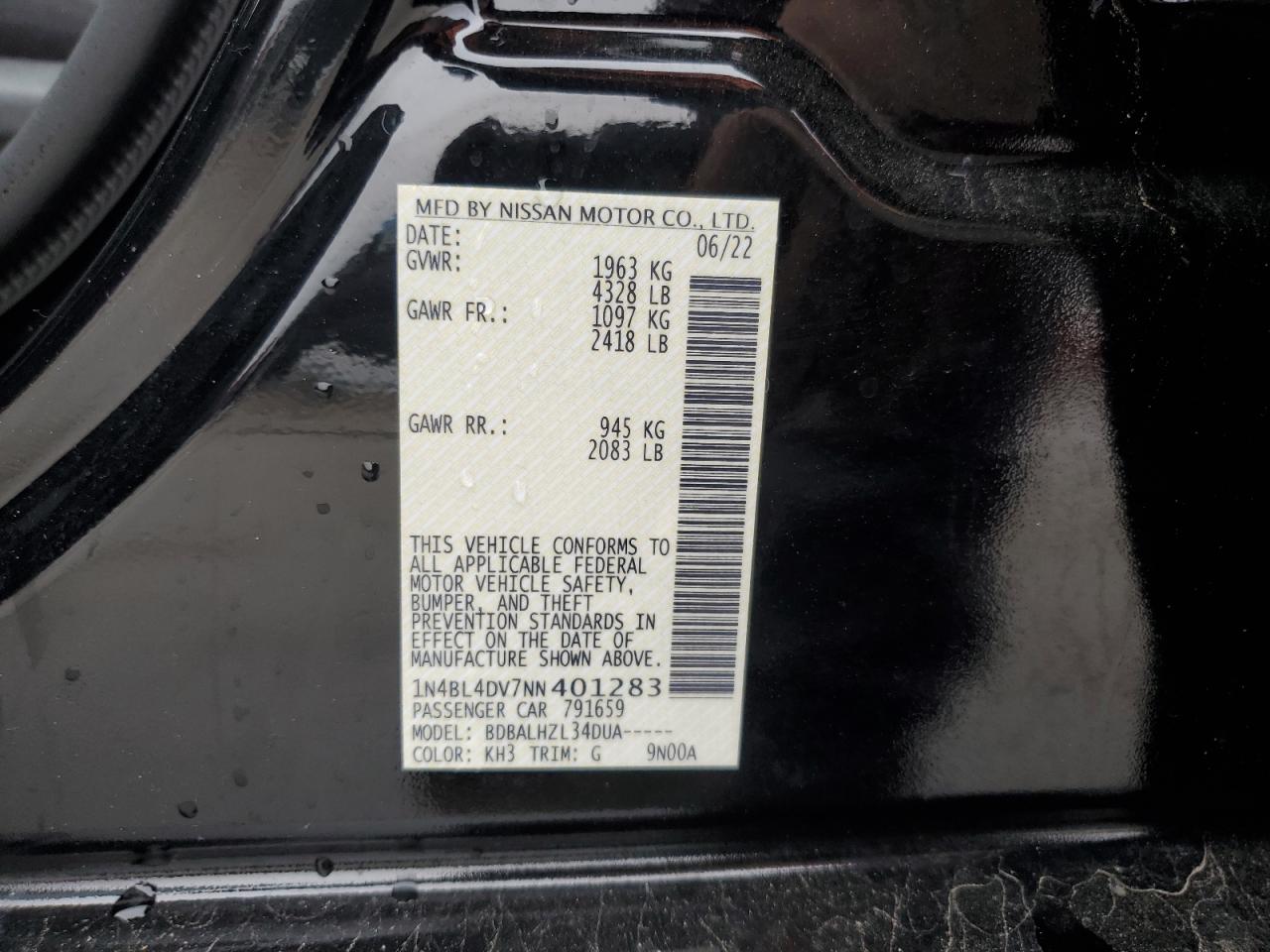 2022 NISSAN ALTIMA SV VIN:1N4BL4DV7NN401283