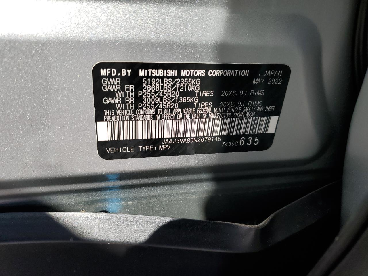 2022 MITSUBISHI OUTLANDER SEL VIN:JA4J3VA80NZ079146