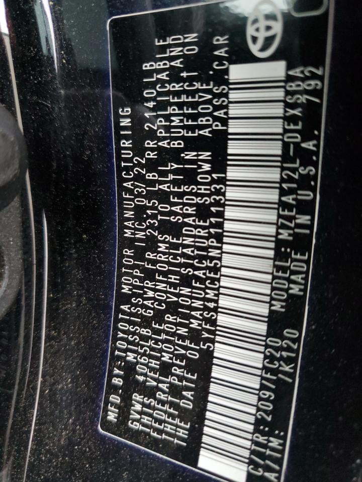 2022 TOYOTA COROLLA SE VIN:5YFS4MCE5NP111331