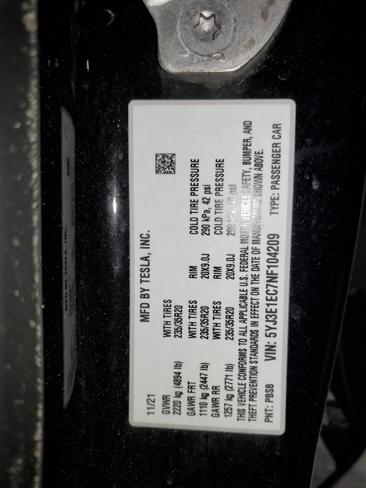 2022 TESLA MODEL 3  VIN:5YJ3E1EC7NF104209