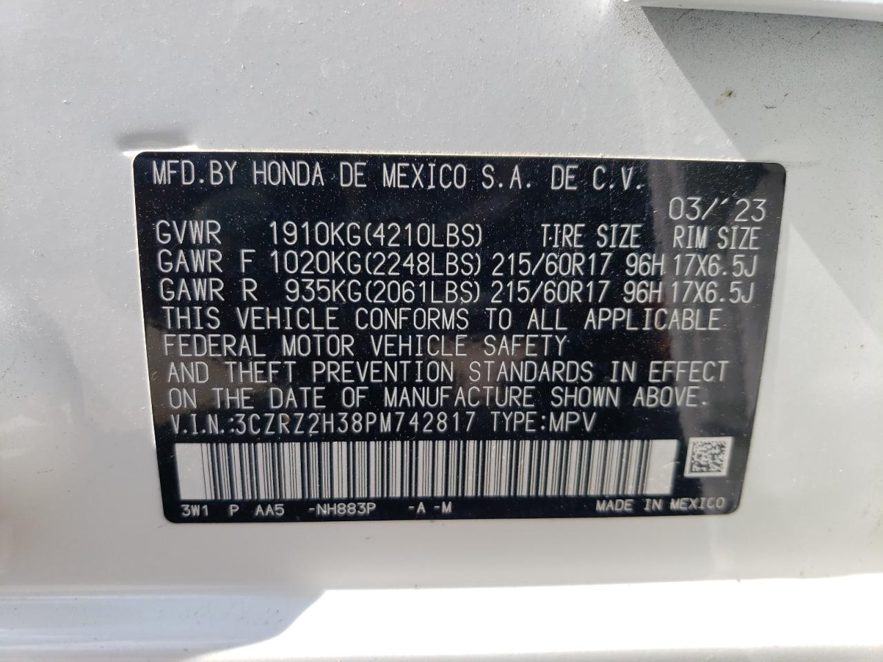 2023 HONDA HR-V LX VIN:3CZRZ2H38PM742817