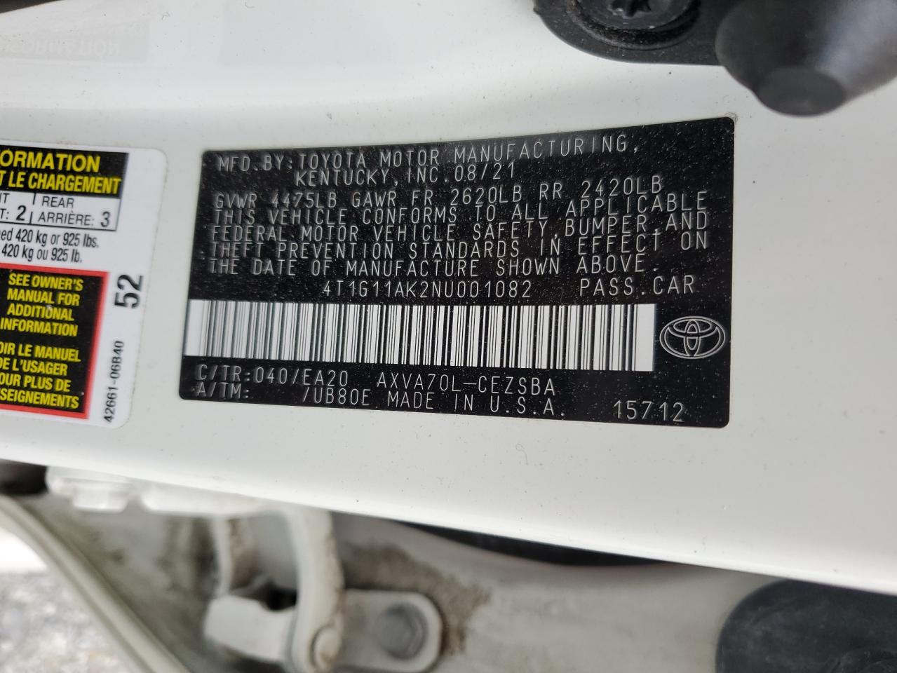 2022 TOYOTA CAMRY SE VIN:4T1G11AK2NU001082