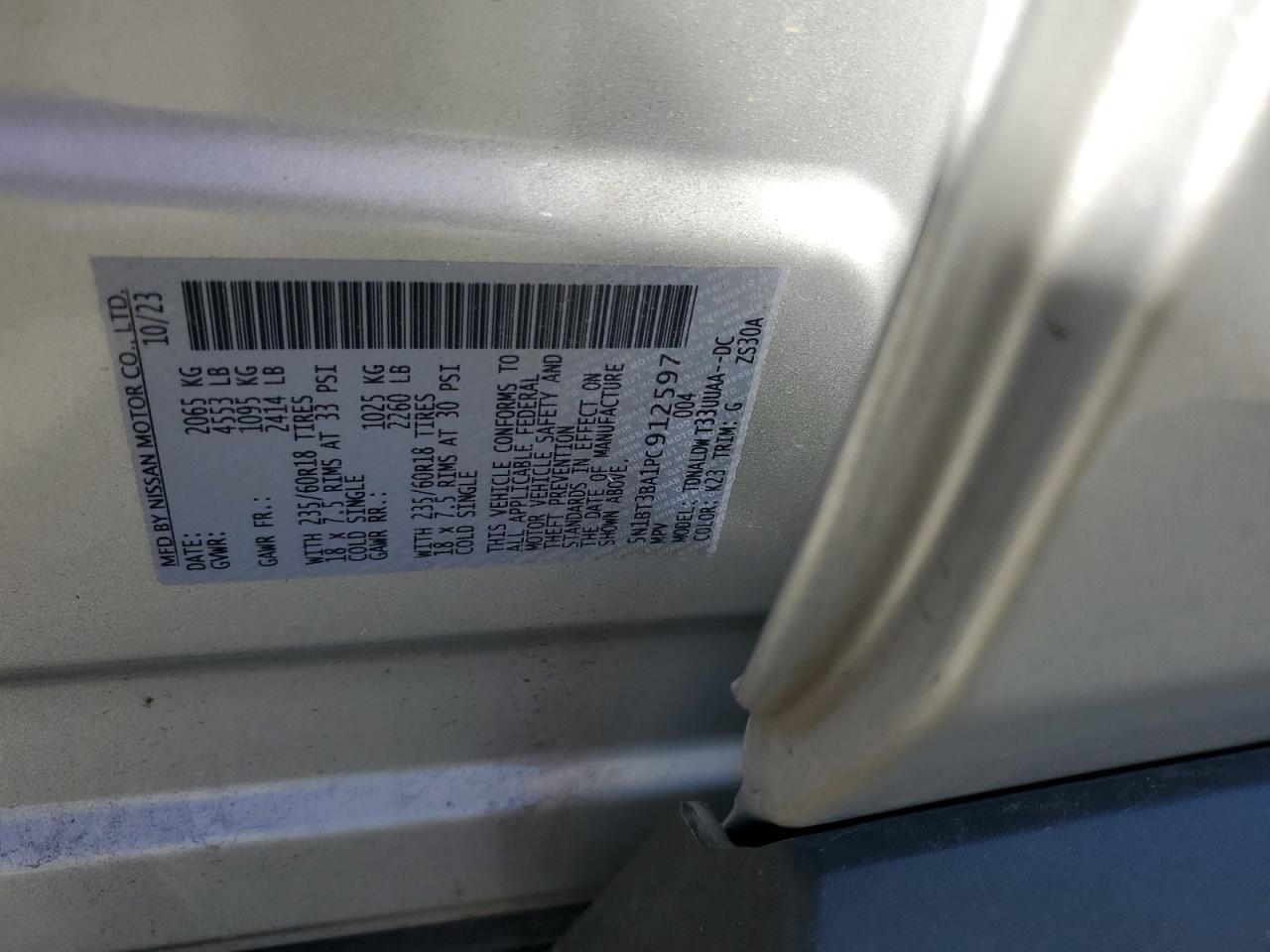 2023 NISSAN ROGUE SV VIN:5N1BT3BA1PC912597