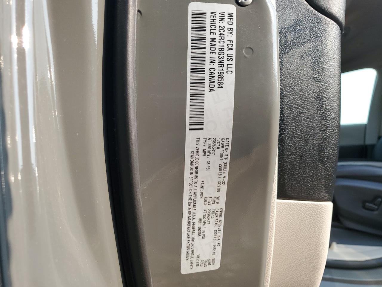 2022 CHRYSLER PACIFICA TOURING L VIN:2C4RC1BG3NR198584