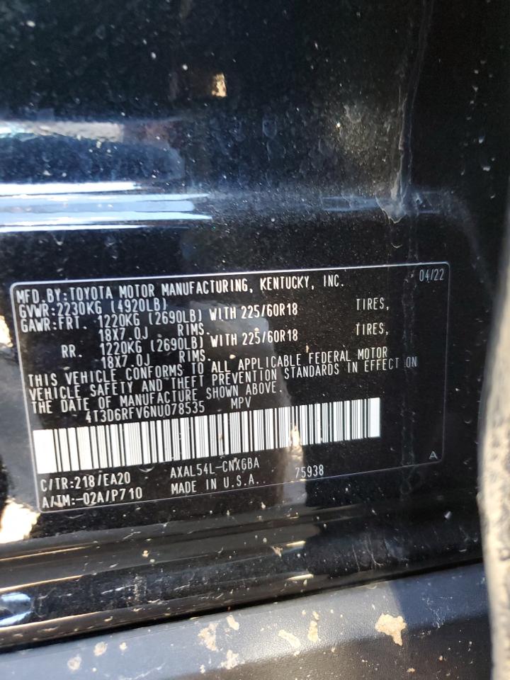 2022 TOYOTA RAV4 LIMITED VIN:4T3D6RFV6NU078535