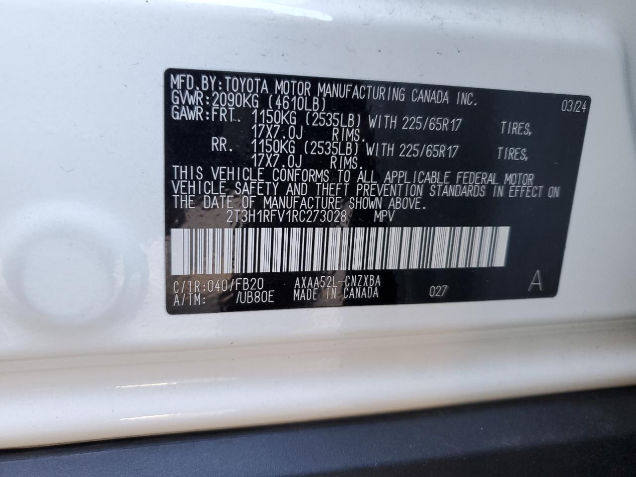 2024 TOYOTA RAV4 LE VIN:2T3H1RFV1RC273028