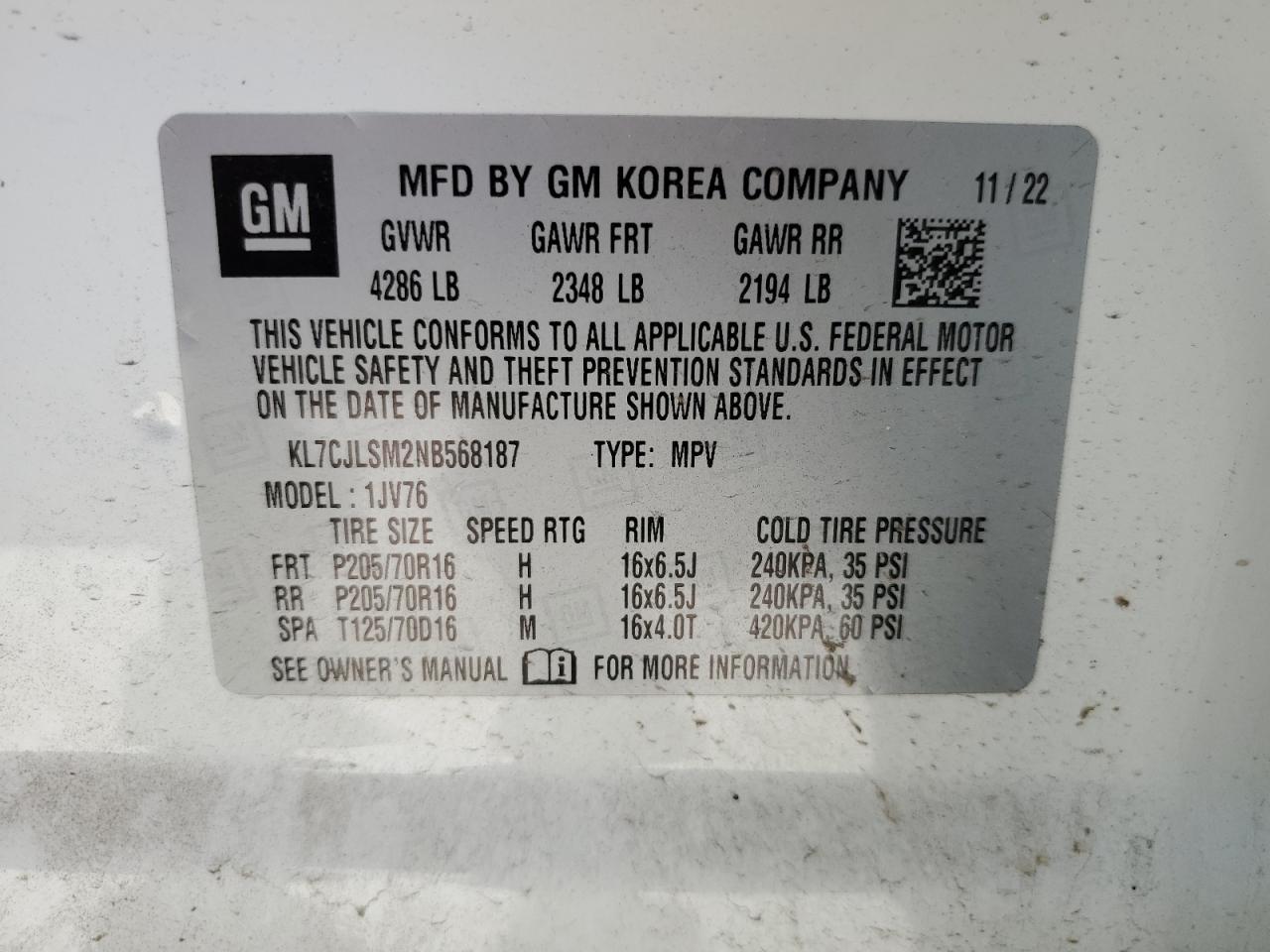 2022 CHEVROLET TRAX 1LT VIN:KL7CJLSM2NB568187