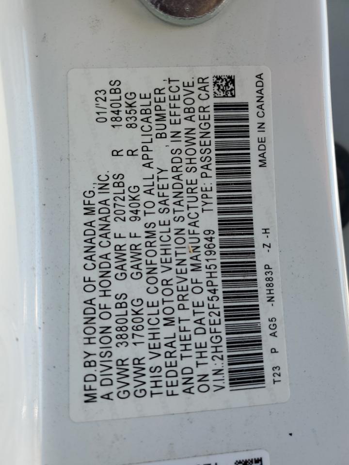 2023 HONDA CIVIC SPORT VIN:2HGFE2F54PH519649