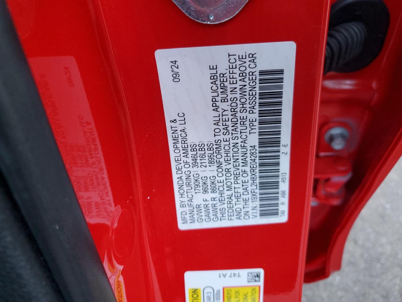 2024 HONDA CIVIC SPORT VIN:19XFL2H8XRE042834