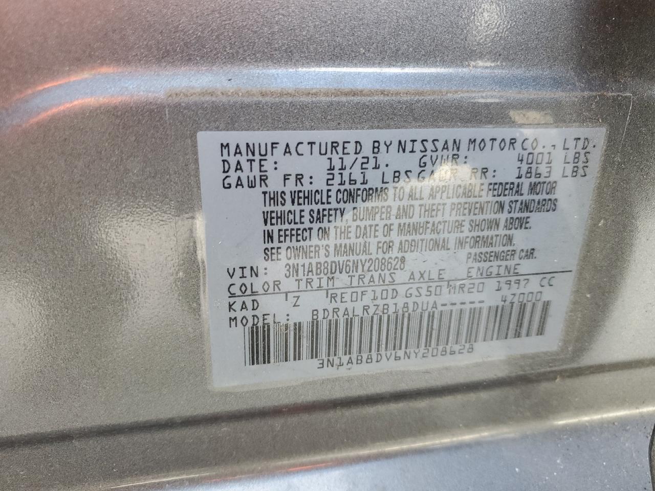 2022 NISSAN SENTRA SR VIN:3N1AB8DV6NY208628
