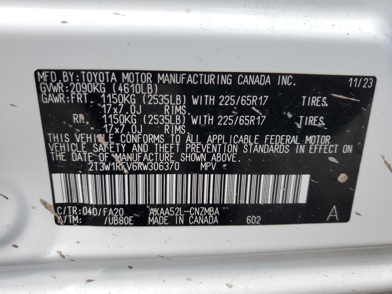 2024 TOYOTA RAV4 XLE VIN:2T3W1RFV6RW306370