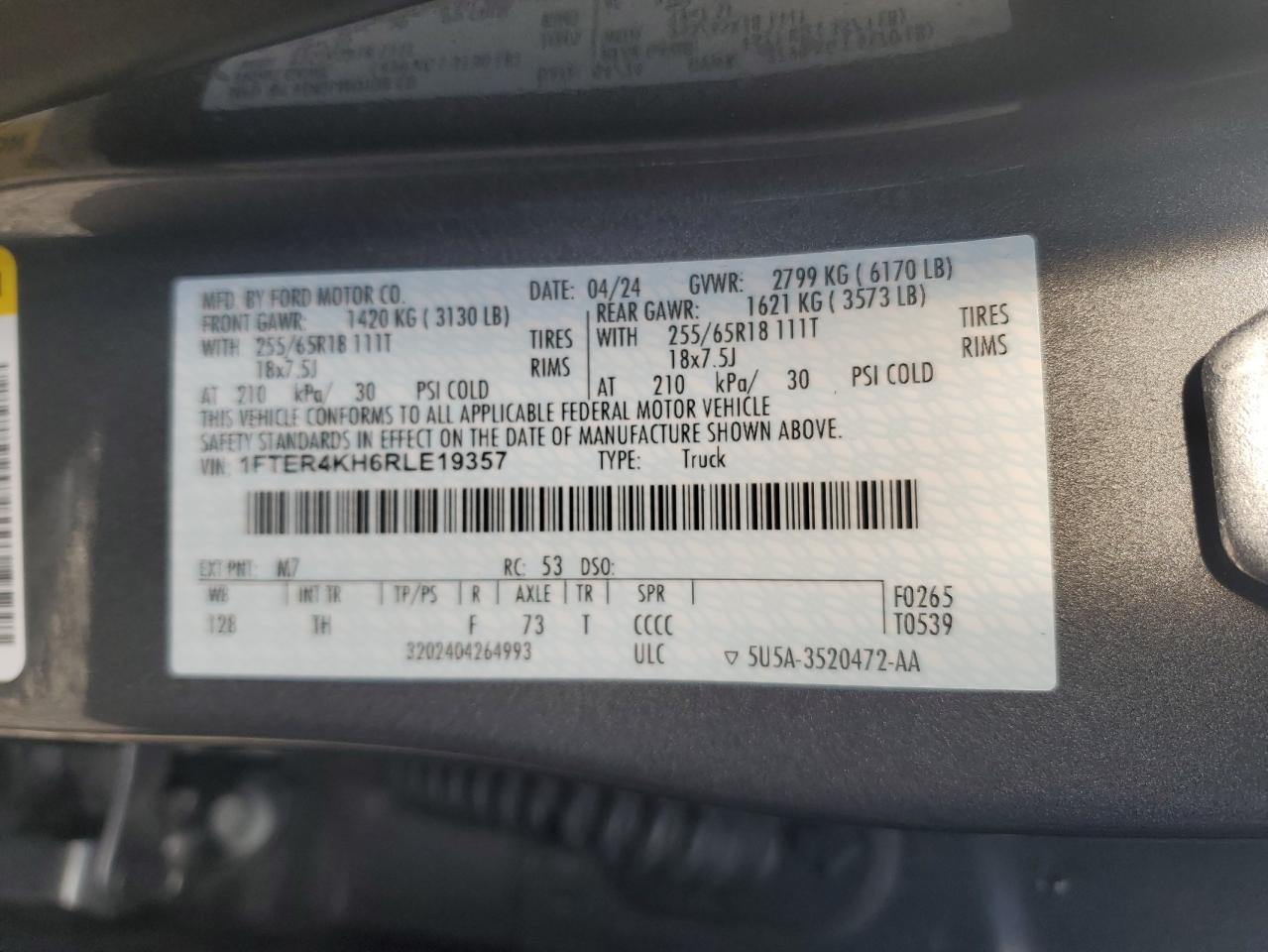 2024 FORD RANGER LARIAT VIN:1FTER4KH6RLE19357