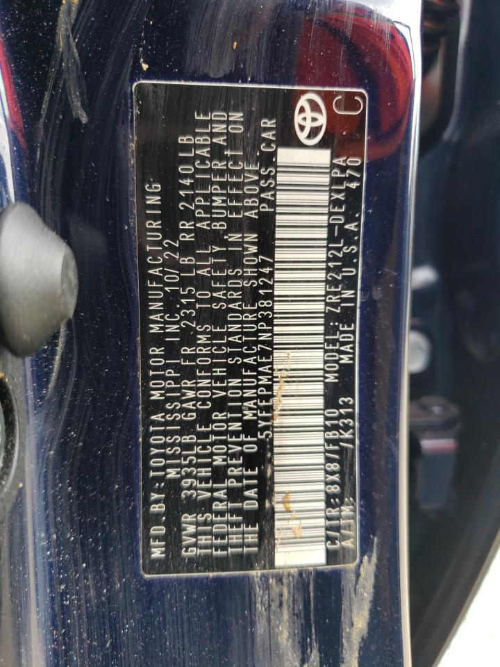 2022 TOYOTA COROLLA LE VIN:5YFEPMAE7NP381247