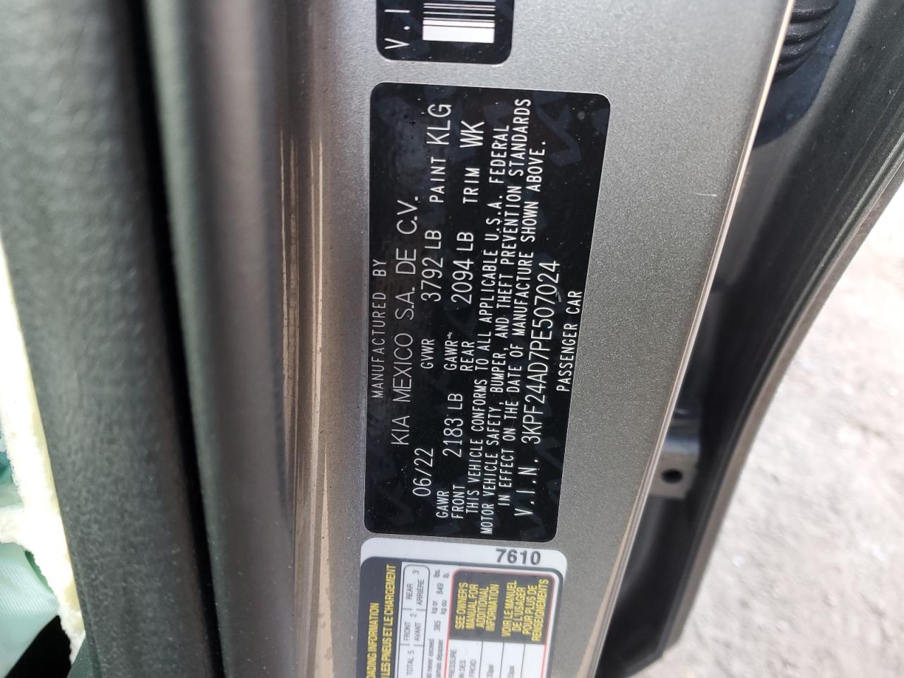 2023 KIA FORTE LX VIN:3KPF24AD7PE507024