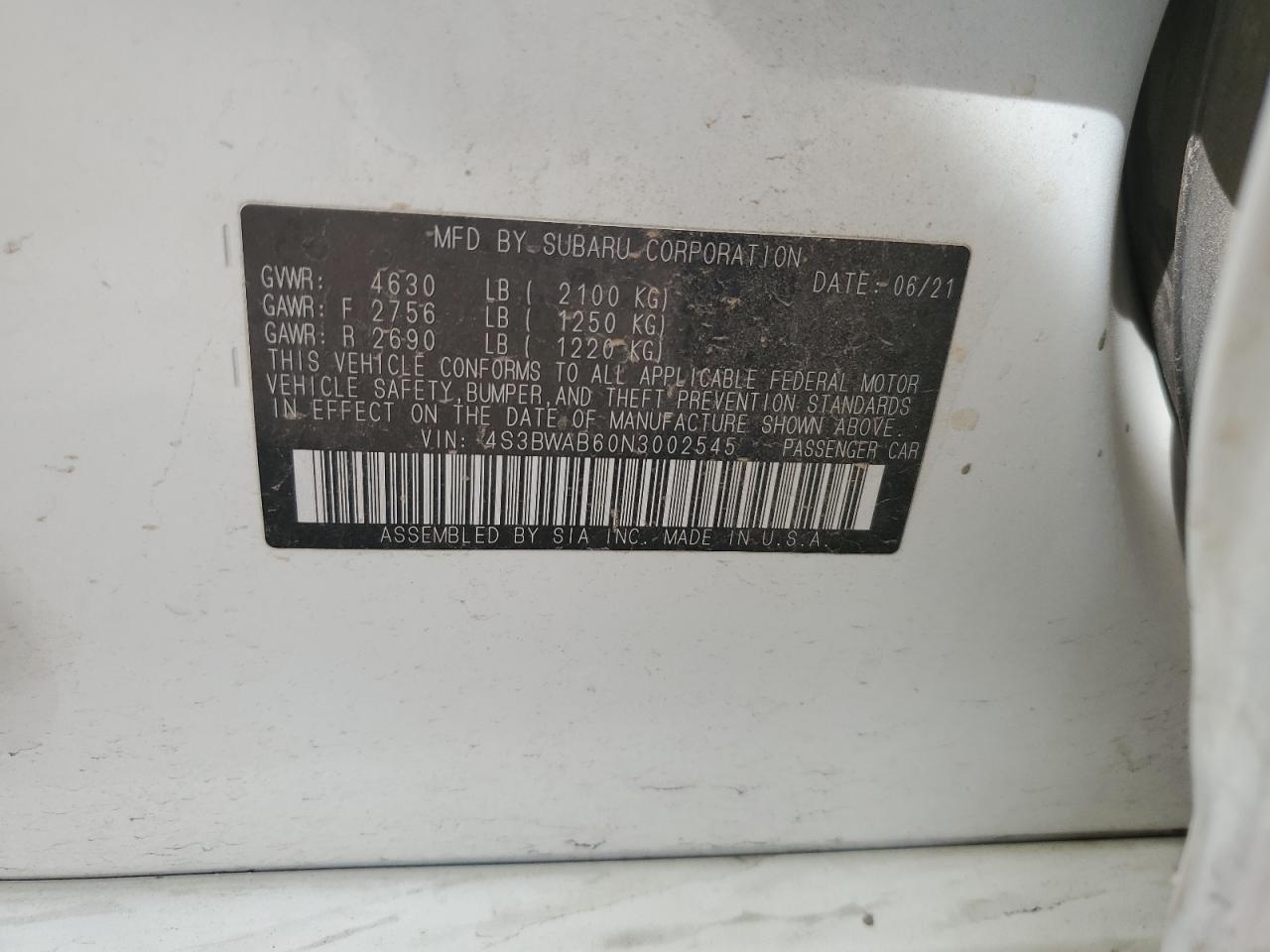 2022 SUBARU LEGACY  VIN:4S3BWAB60N3002545