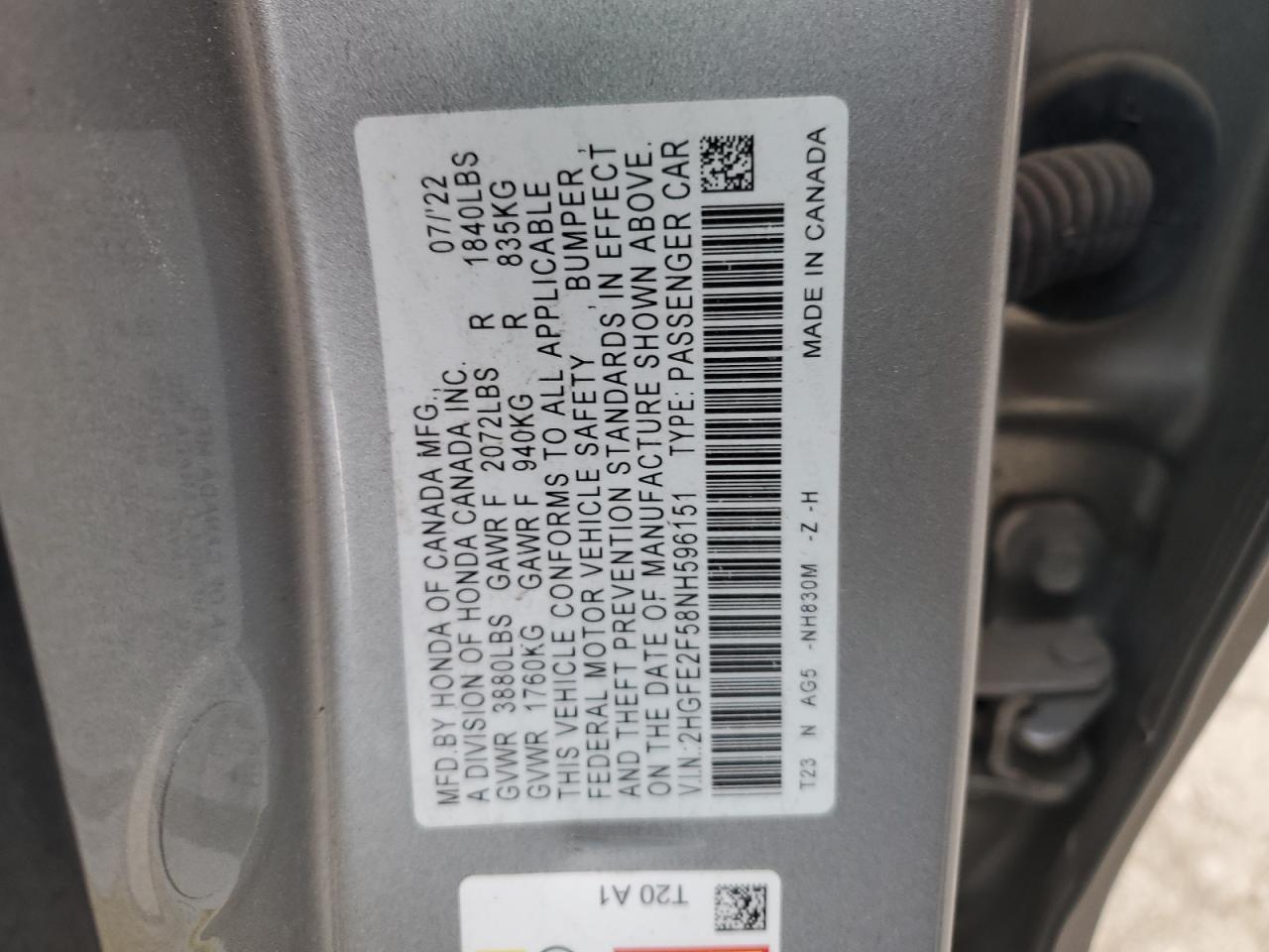 2022 HONDA CIVIC SPORT VIN:2HGFE2F58NH596151