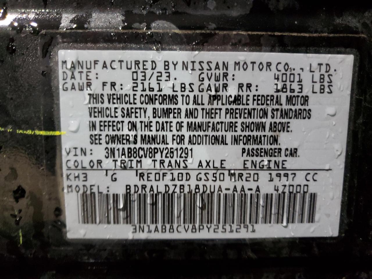 2023 NISSAN SENTRA SV VIN:3N1AB8CV8PY251291