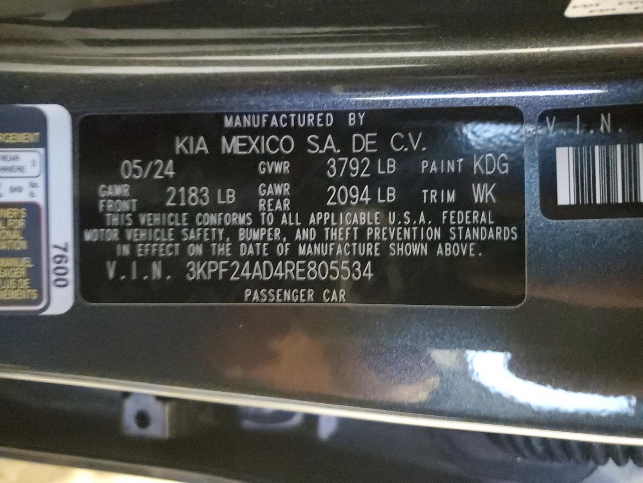 2024 KIA FORTE LX VIN:3KPF24AD4RE805534