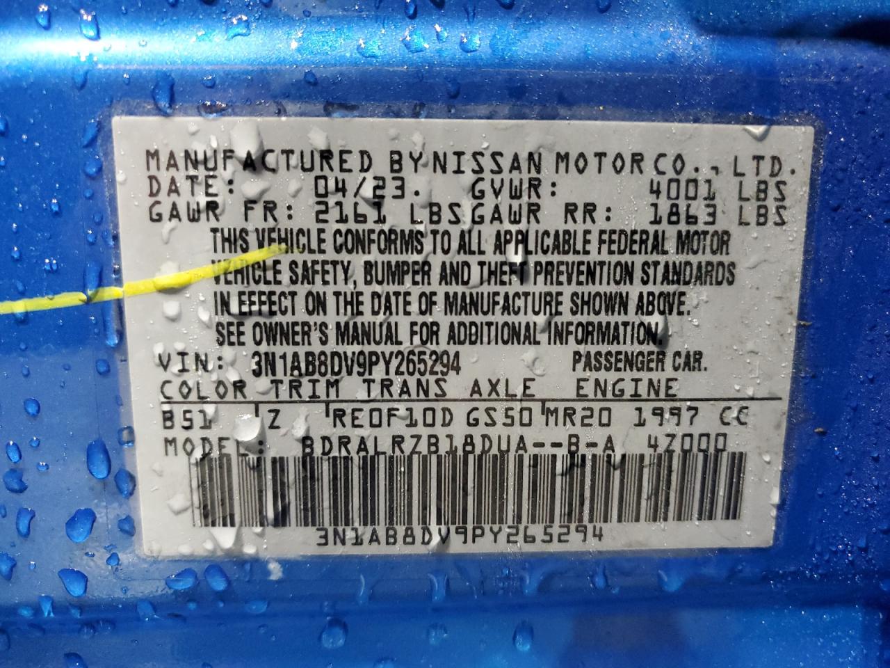 2023 NISSAN SENTRA SR VIN:3N1AB8DV9PY265294