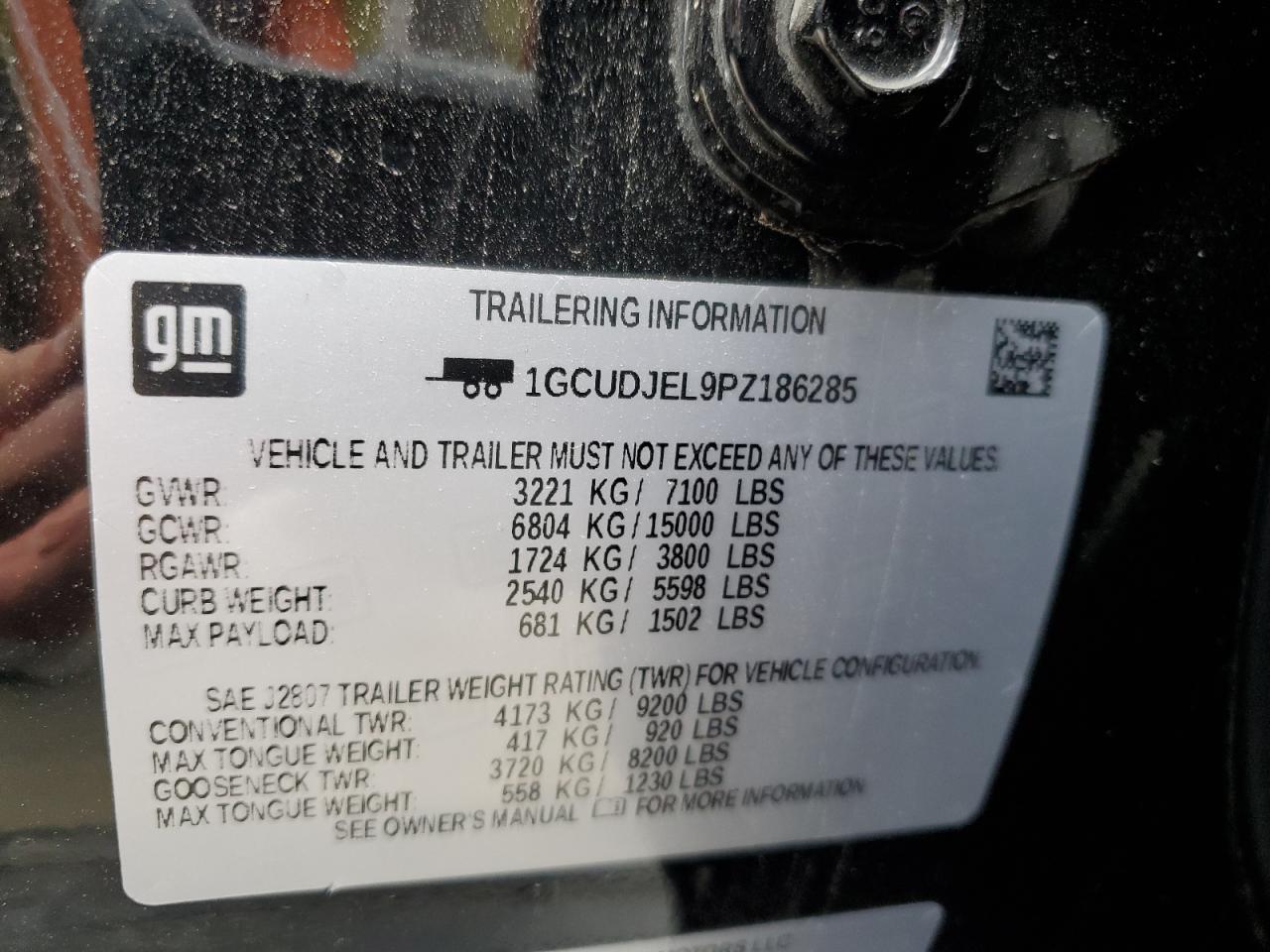 2023 CHEVROLET SILVERADO K1500 HIGH COUNTRY VIN:1GCUDJEL9PZ186285