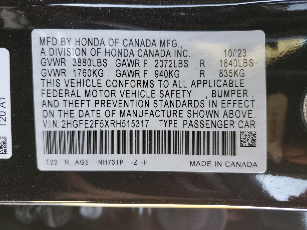 2024 HONDA CIVIC SPORT VIN:2HGFE2F5XRH515317