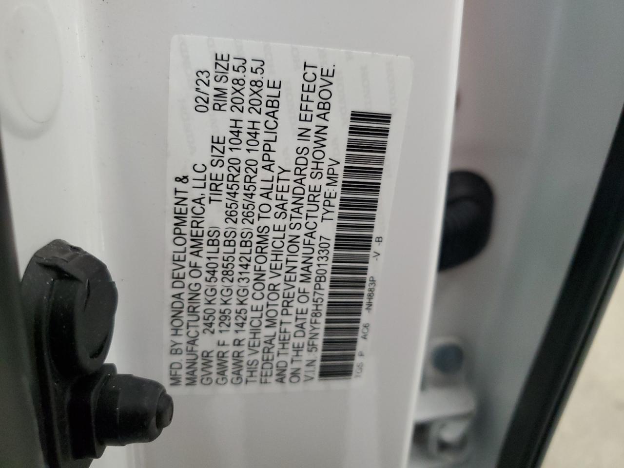 2023 HONDA PASSPORT EXL VIN:5FNYF8H57PB013307