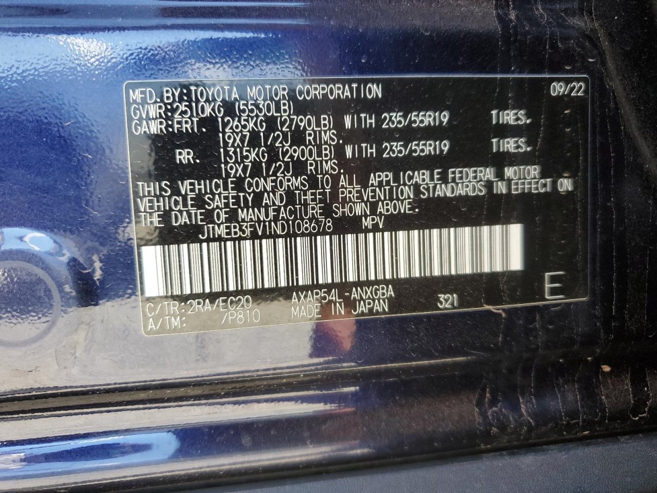 2022 TOYOTA RAV4 PRIME XSE VIN:JTMEB3FV1ND108678