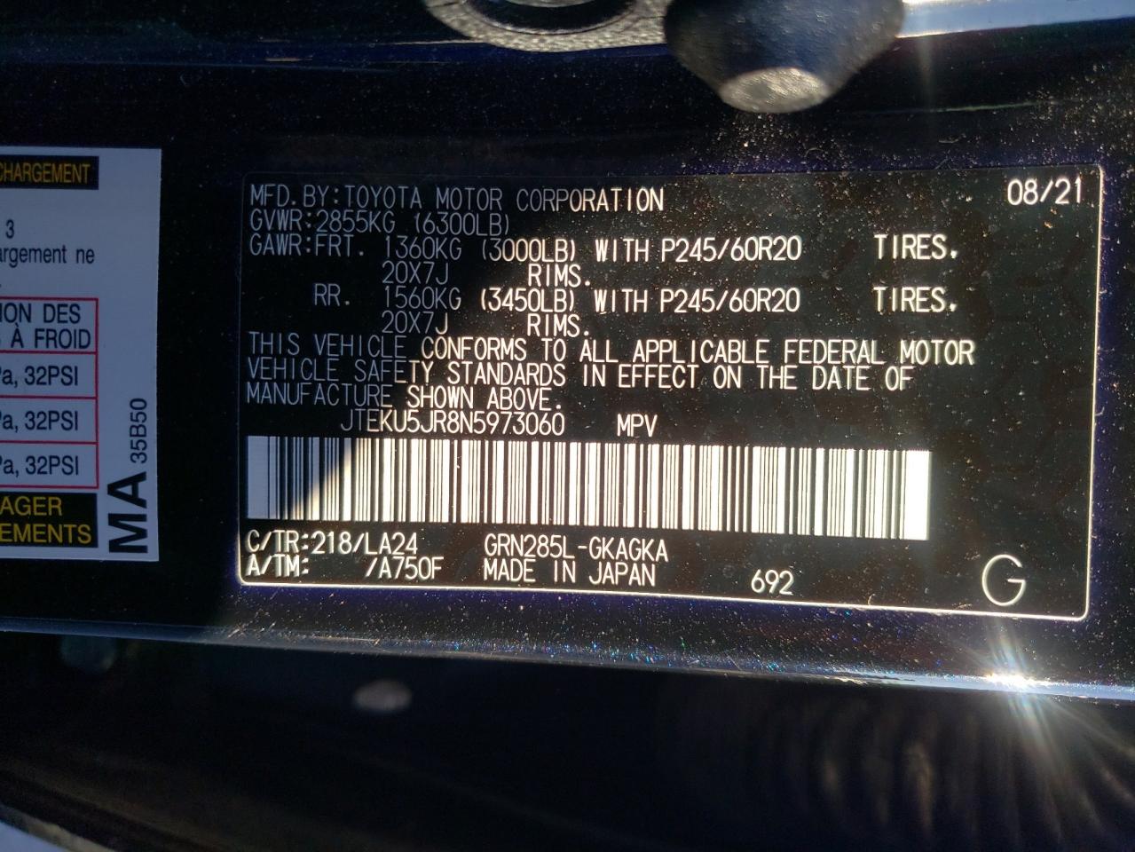 2022 TOYOTA 4RUNNER LIMITED VIN:JTEKU5JR8N5973060