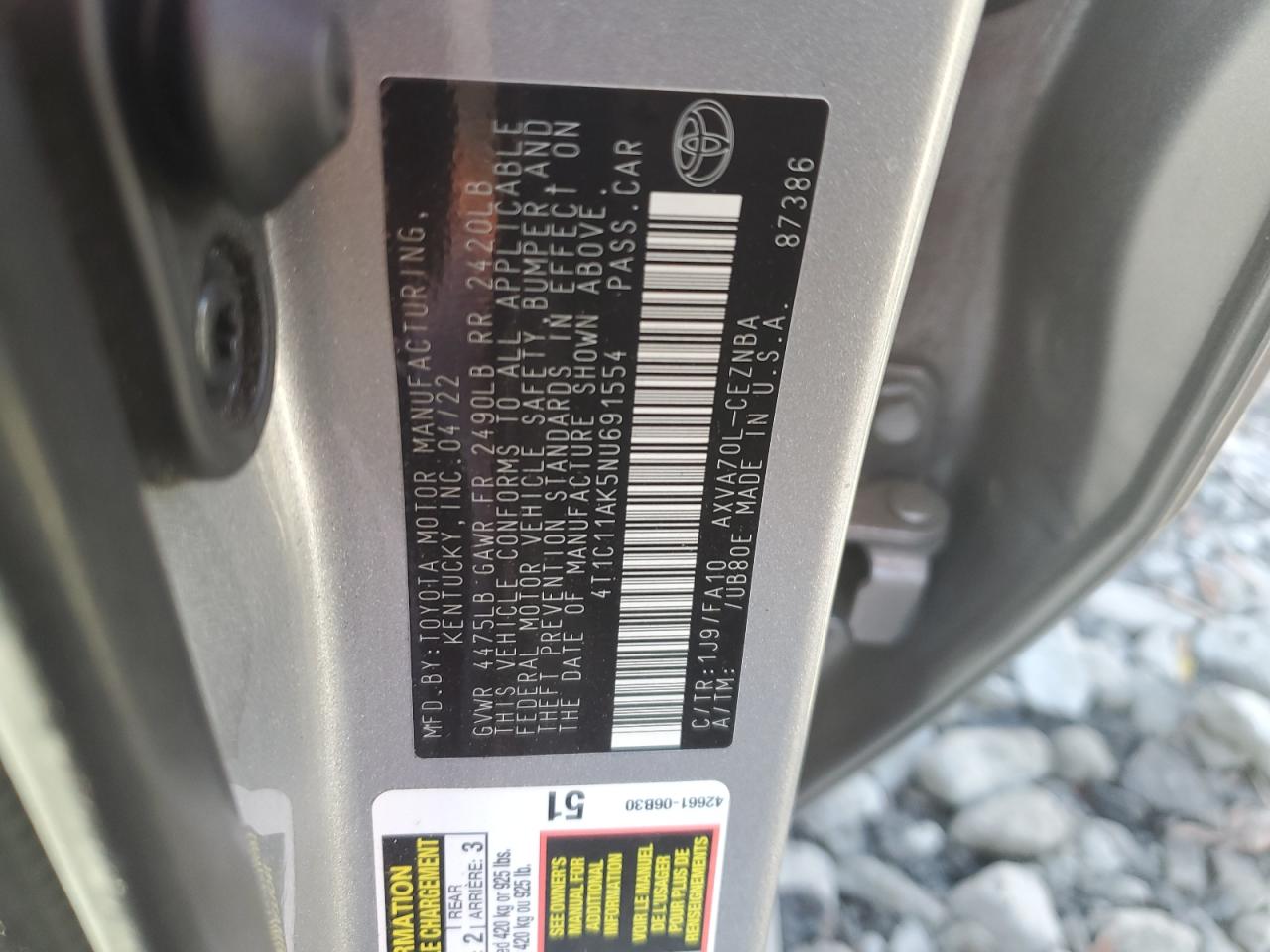 2022 TOYOTA CAMRY LE VIN:4T1C11AK5NU691554