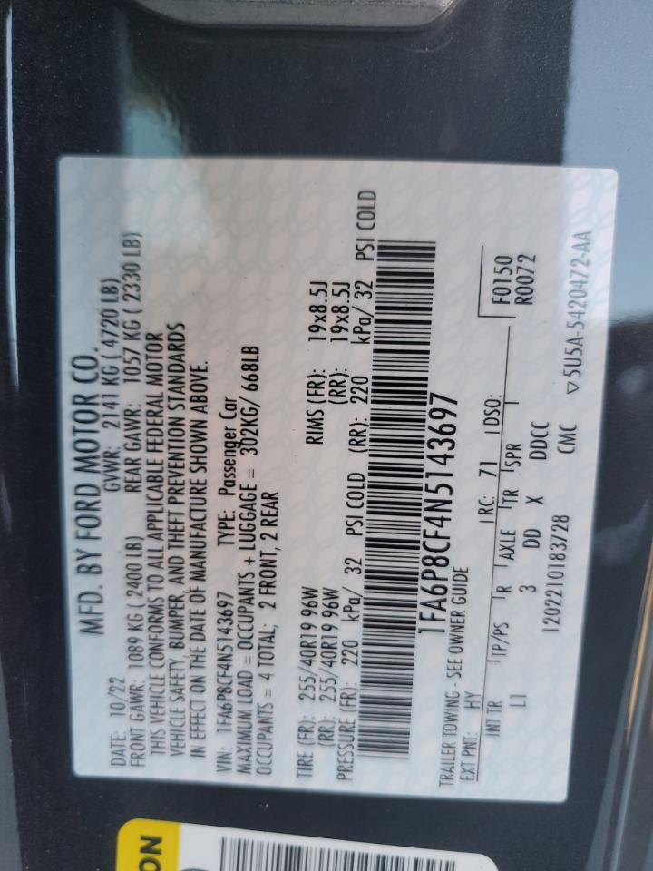 2022 FORD MUSTANG GT VIN:1FA6P8CF4N5143697
