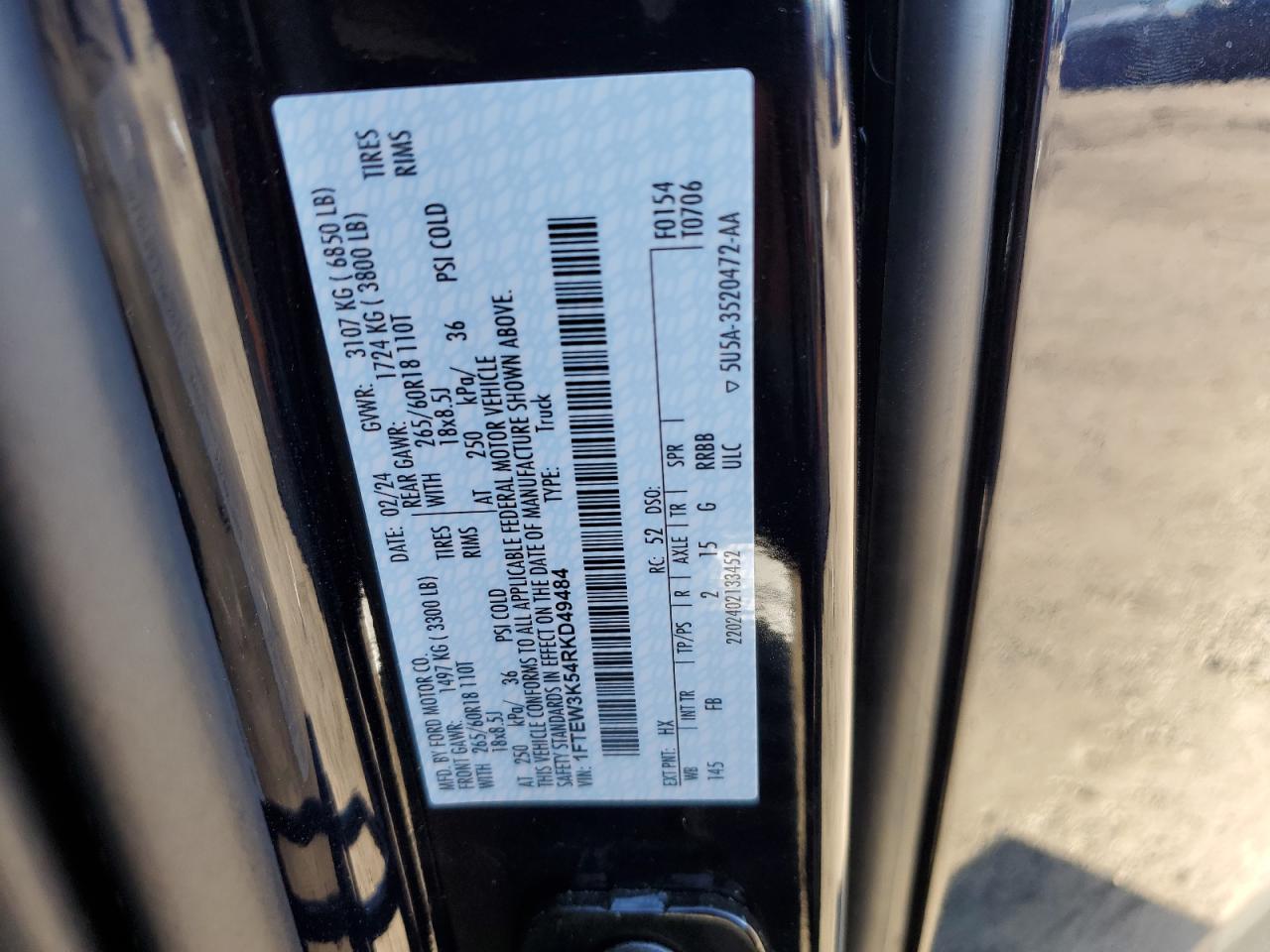 2024 FORD F150 XLT VIN:1FTEW3K54RKD49484