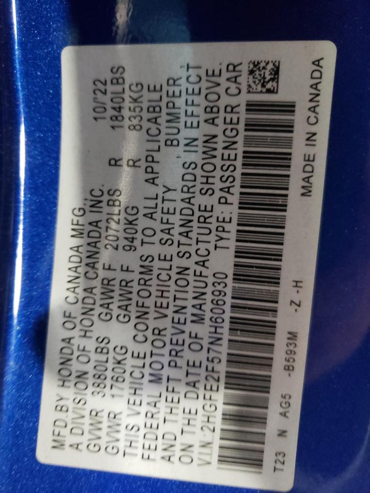 2022 HONDA CIVIC SPORT VIN:2HGFE2F57NH606930