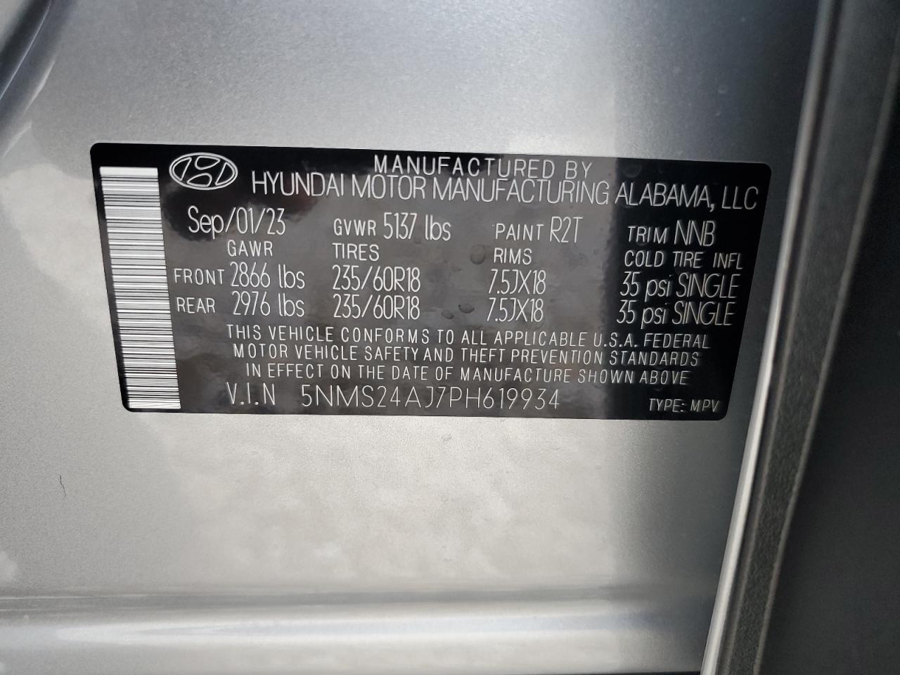 2023 HYUNDAI SANTA FE SEL VIN:5NMS24AJ7PH619934