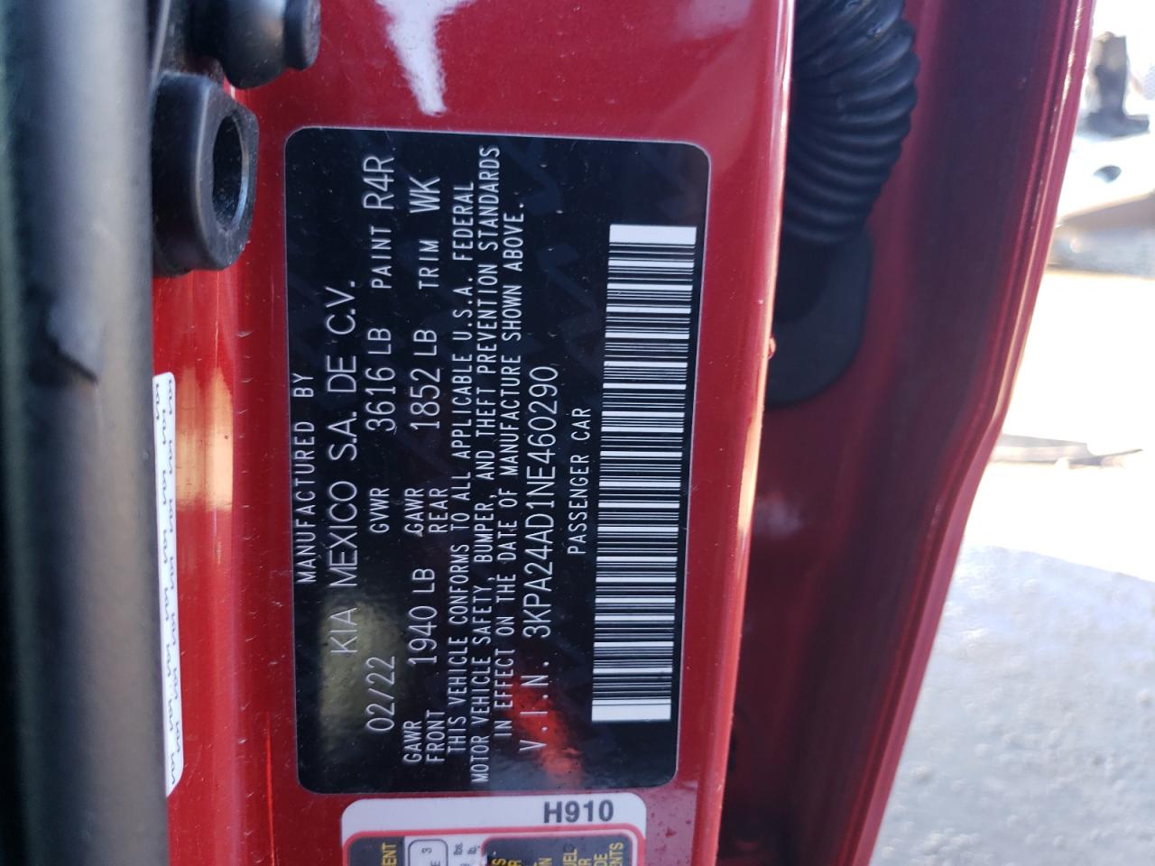 2022 KIA RIO LX VIN:3KPA24AD1NE460290
