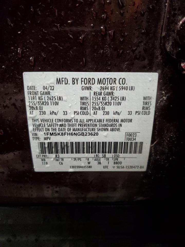 2022 FORD EXPLORER LIMITED VIN:1HGCP26838A096960