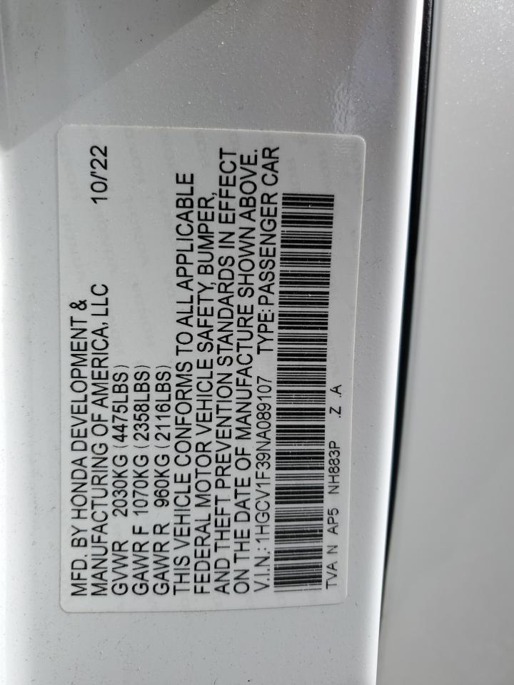 2022 HONDA ACCORD SPORT VIN:1HGCV1F39NA089107