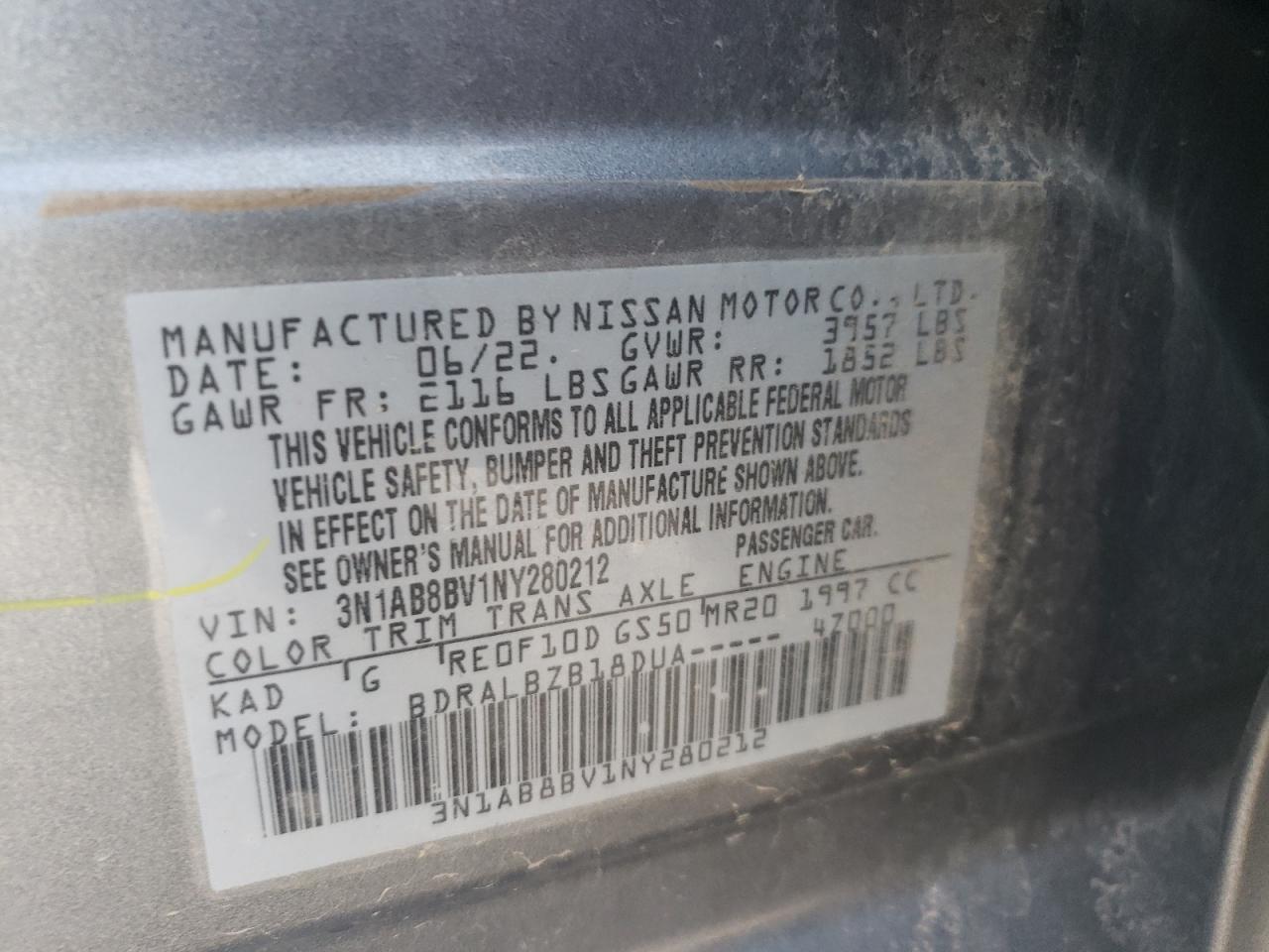 2022 NISSAN SENTRA S VIN:3N1AB8BV1NY280212