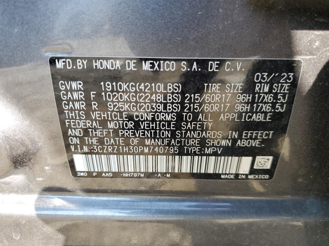 2023 HONDA HR-V LX VIN:3CZRZ1H30PM740795