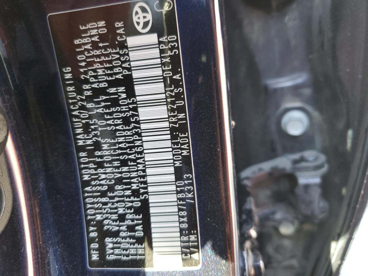 2022 TOYOTA COROLLA LE VIN:5YFEPMAE6NP375715