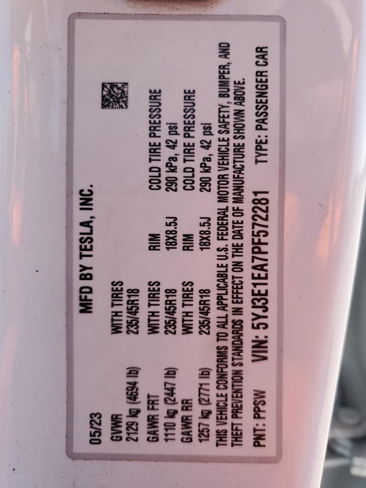 2023 TESLA MODEL 3 VIN:5YJ3E1EA7PF572281