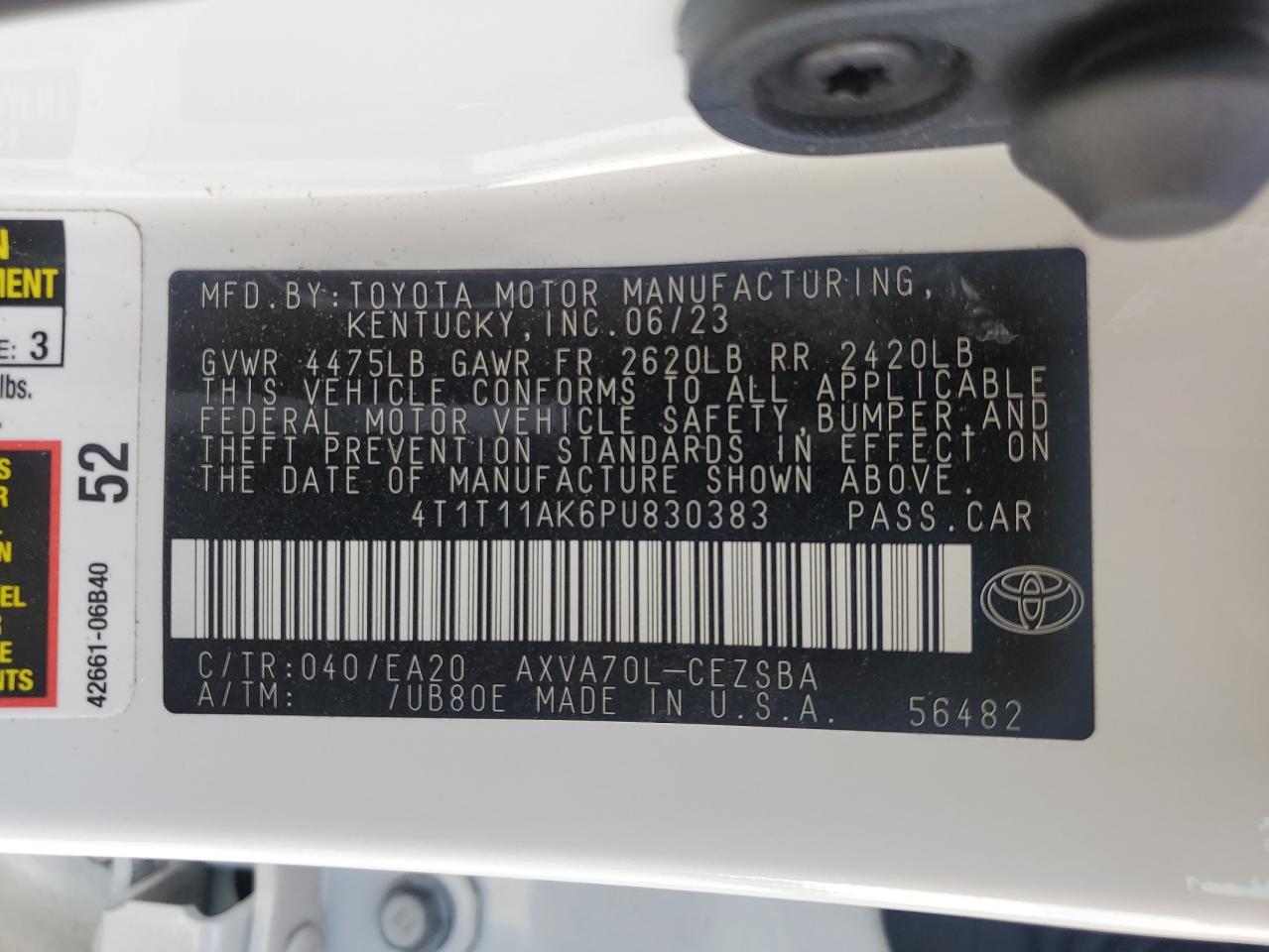 2023 TOYOTA CAMRY SE NIGHT SHADE VIN:4T1T11AK6PU830383