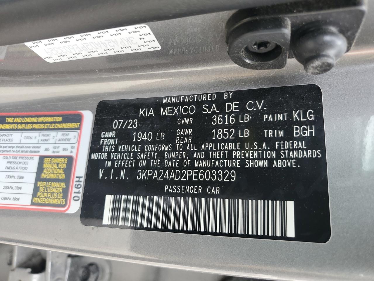 2023 KIA RIO LX VIN:3KPA24AD2PE603329
