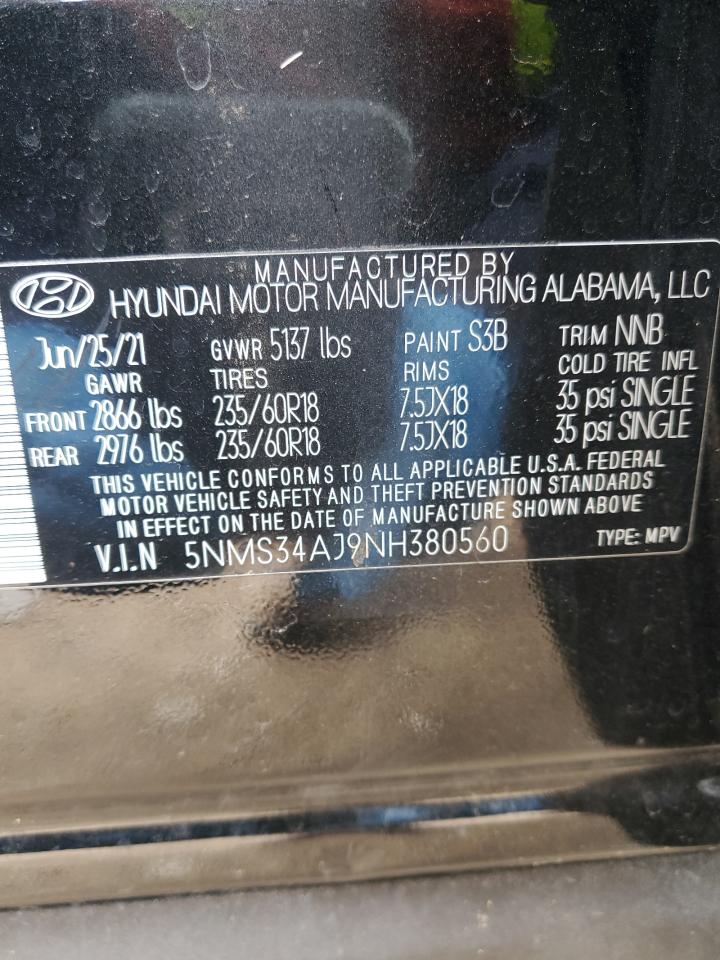 2022 HYUNDAI SANTA FE SEL VIN:5NMS34AJ9NH380560