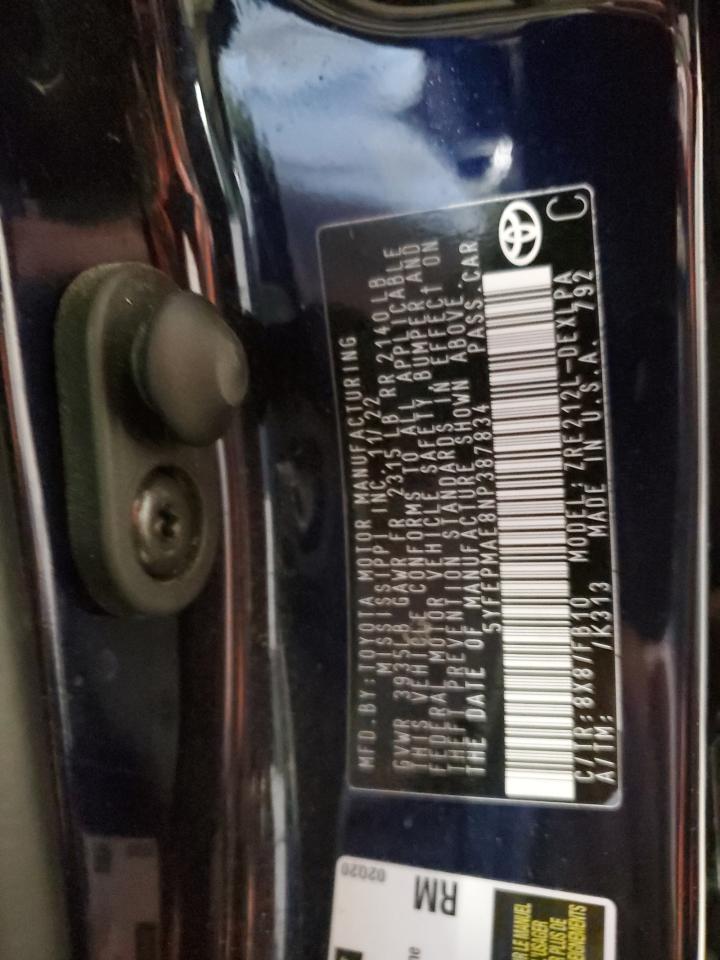 2022 TOYOTA COROLLA LE VIN:5YFEPMAE8NP387834