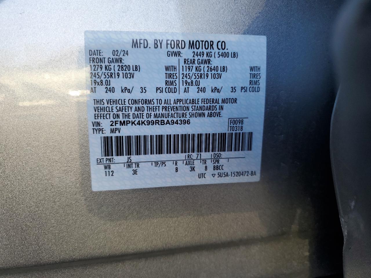 2024 FORD EDGE TITANIUM VIN:2FMPK4K99RBA94396