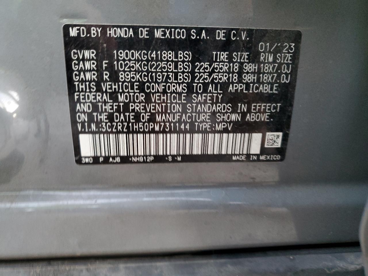 2023 HONDA HR-V SPORT VIN:3CZRZ1H50PM731144