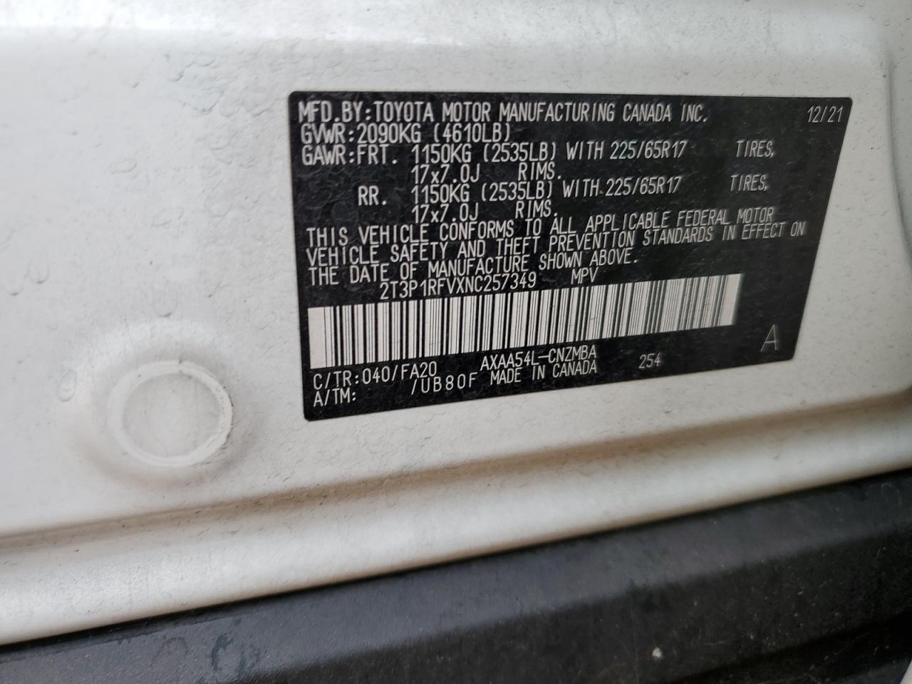 2022 TOYOTA RAV4 XLE VIN:2T3P1RFVXNC257349